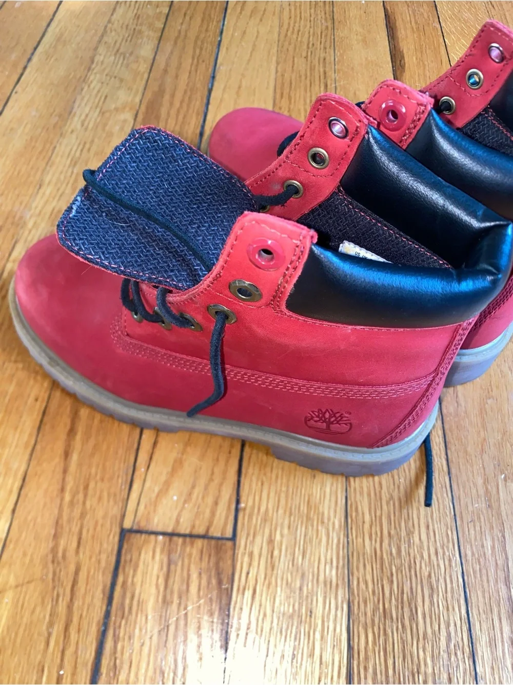 Timberland Kids Red Leather Ankle Boots with Black Collar